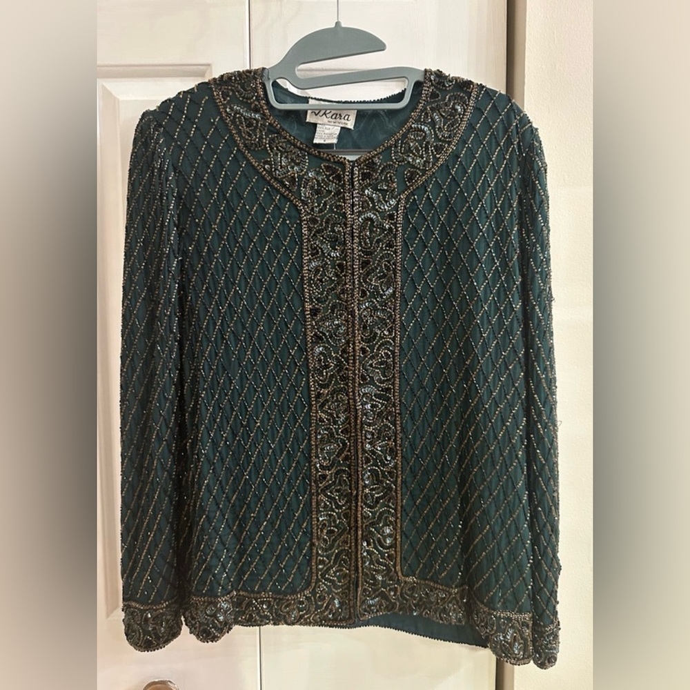 J KARA VINTAGE 100% SILK BEAD EMBELLISHED BUTTON HOLIDAY EVENING JACKET. Size S
